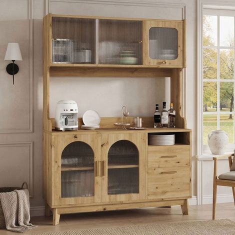 Buffet haut - WESTYLE - 120x40x178 cm - Prises & USB-A/C - Façade acrylique ondulée - Style scandinave (1/5)