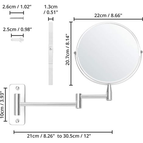 Specchio ingranditore da parete estensibile e girevole a 360° - Ingrandimento 5x - 22 x 20,7 cm - Specchio da parete per bagno bifacciale in acciaio inox (1/4)