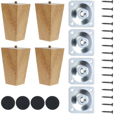4 Pcs Pieds De Meuble en Bois, 10cm Pieds de Table en Bois Massif,Pieds de Meubles de Remplacement avec Vis de Plaque de Montage et Protecteur Antidérapant (1/5)