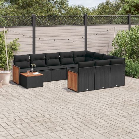 Ensemble Salon Jardin 11 Pièces Résine Tressée Noir avec Coussins - Table Acacia, Sièges Modulaires et Espace Rangement (1/3)