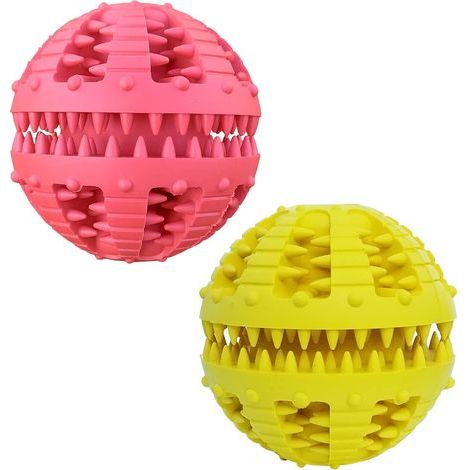 2 x Dog Toy Ball, Molar Cleaning Ball for Dogs, Cats, Interactive Training Food Distribution Ball (Red + Yellow, 8 cm) (1/5)