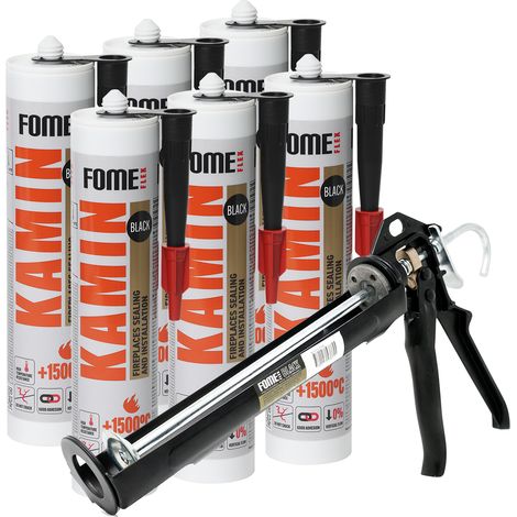 Lot de 6 mastics réfractaires FOME FLEX Kamin 1500 °C 300 ml + pistolet applicateur FOME FLEX professionnel