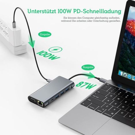 Hub USB C - 10 En 1 - HDMI 4K - VGA - RJ45 Ethernet 100 Mbit/s - Lecteur Carte SD/TF - USB 3.0 - Charge PD 100 W - Pour Ordinateur Portable (1/5)