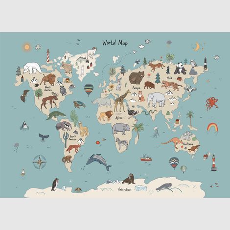 Papier peint intissé - Carte du monde des animaux beiges et bleus (dessin) - 375x270 cm (1/4)