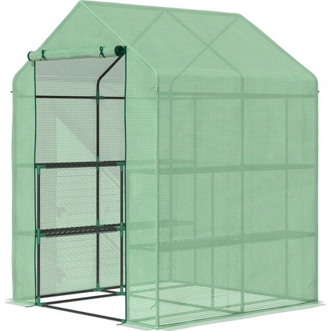 Invernadero, estructura de acero, cubierta impermeable, 143 cm x 138 cm x 190 cm, 4 estantes, diseño de dos niveles. (1/5)