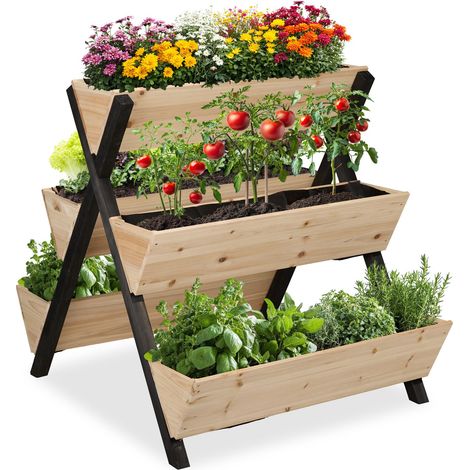 Relaxdays Vertikalbeet, Holz, HxBxT: 82 x 75 x 90 cm, Hochbeet mit 5 Kästen, Etagenbeet Balkon, Terrasse, natur/schwarz