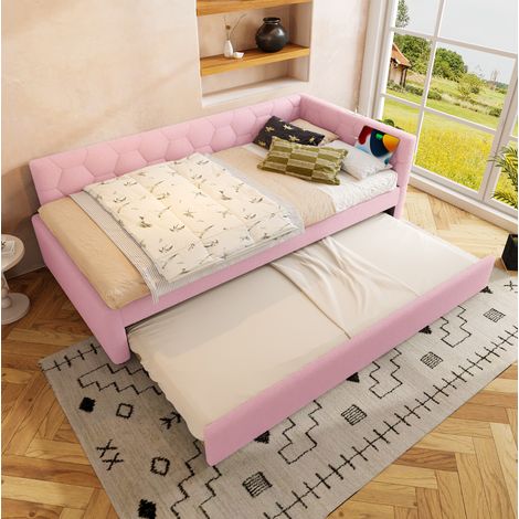 MEUBLIV Lit 90x200 cm rose – avec lit gigogne et USB, sans matelas (1/5)