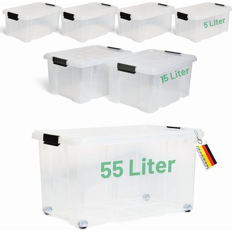 Novaliv Lot de 7 boîtes de rangement avec couvercle, transparentes, 1x55 L + 2x 15 L + 4x 5 L, emboîtables, empilables, fermeture à clip, boîtes à