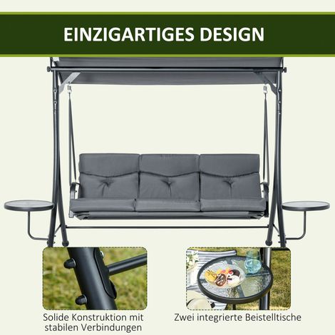 Balancelle Hollywood 3 places banc balançoire jardin avec auvent réglable table à thé acier polyester gris+noir 271x125x172 cm (1/4)