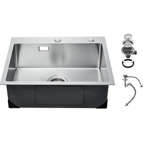 Évier de cuisine, 55 cm, évier à montage par le haut en acier inox 304, évier à poser à encastrer cuve simple avec accessoires, évier de lave-vaisselle ménager pour camping-car, cuisine, bar (1/5)