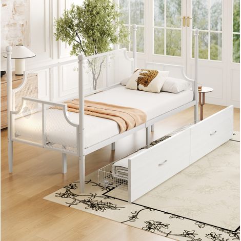 CHICFURN Lit banquette en métal blanc esprit vintage avec dossier grillagé et deux tiroirs format 90 x 200 (1/5)