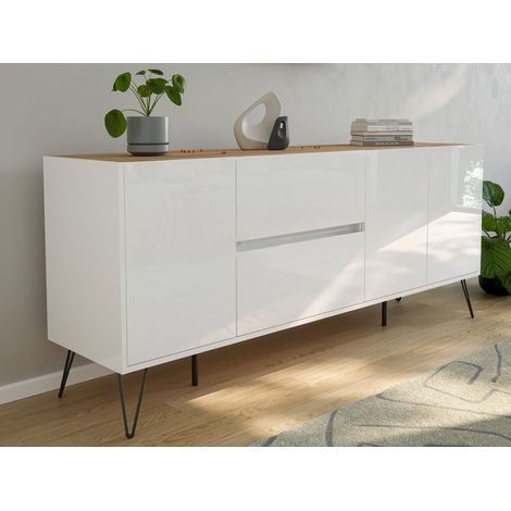 Sideboard Yako 180cm 2 SoftClose 3 Türen Weiß/Eiche Top