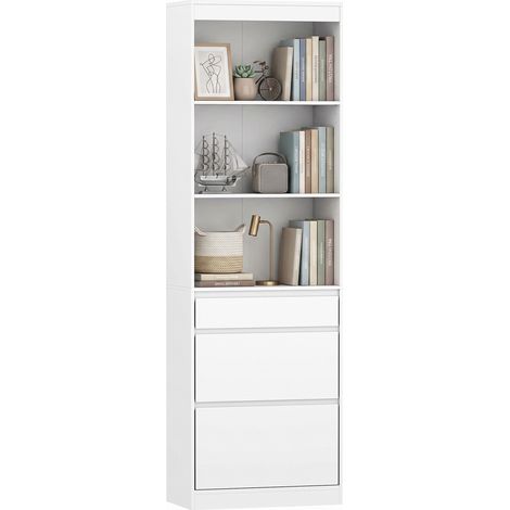 HOMCOM estantería para libros alta y estrecha, librería 6 niveles con 3 cajones, 3 compartimentos abiertos, estantes ajustables, 57x30x180 cm, blanco (1/5)