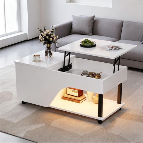 Tavolino da caffè 100x50x46-60 cm bianco in truciolare con piano rialzabile e contenitore nascosto (1/5)