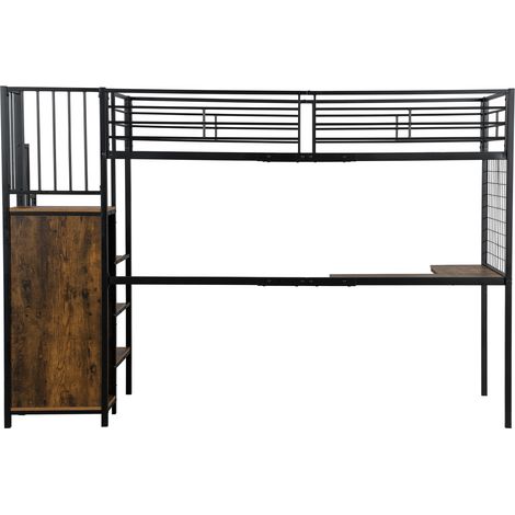 Cama alta de metal 90x200 cm negro y madera oscura con escritorio y armario MODENUIT (1/5)