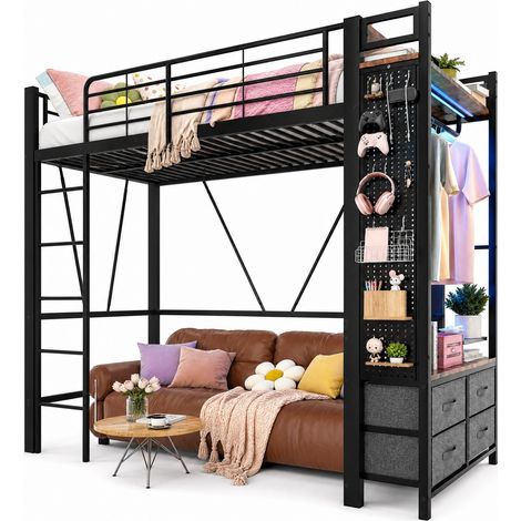 Letto a soppalco 90 x 200 cm in metallo e MDF nero con 4 cassetti, ripiani, asta appendiabiti, LED, USB e Type-C, scaletta e protezioni – CHICFURN (1/5)