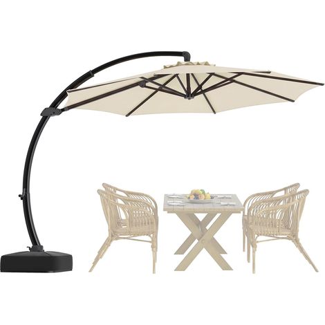 Parasol Déporté 330x330cm à Bras Courbé avec 4 Sacs à Sable Grand Parasol de Jardin Exterieur Pivotant avec 8 Baleines, Résistante au Vent, Protection Solaire, pour Terrasse Patio Plage (1/3)