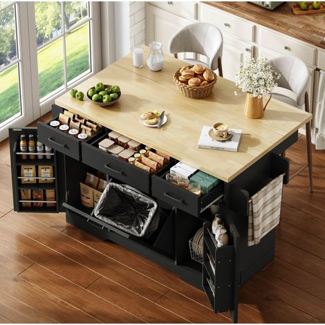Isla de cocina negra con ruedas 120x45/70x87 cm, MDF, bandeja abatible, almacenamiento, cajón, especiero, toallero (1/5)