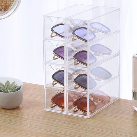 Boîte de rangement pour lentilles de contact en acrylique, présentoir à lunettes de soleil à tiroir, étagère transparente empilable à quatre niveaux pour fournitures de bureau (1/5)