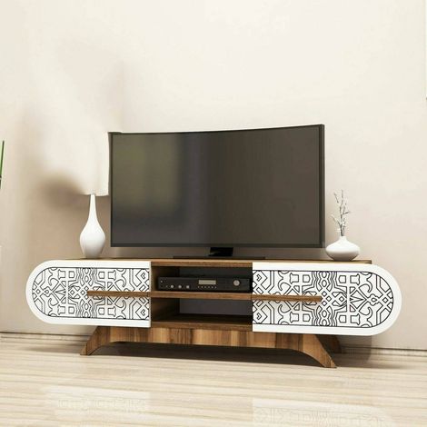 Dmora - Mueble de televisión Desposit, Aparador de salón, Mueble bajo para TV, Base de pared equipada, 145x37h37 cm, Nogal y Blanco (1/4)