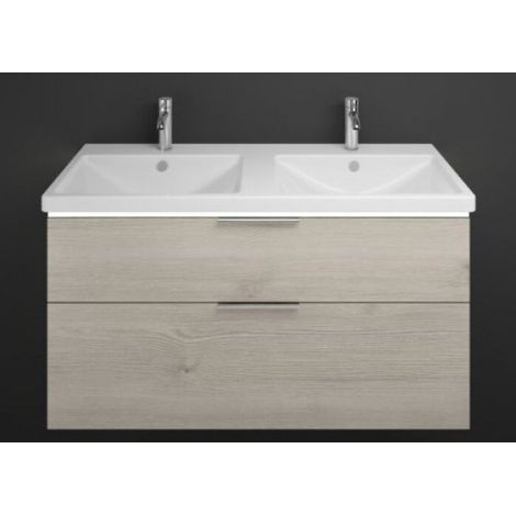Burgbad Eqio Keramik-Doppelwaschtisch inklusive Waschtischunterschrank und LED-Waschtischunterschrankbeleuchtung SEZC123, Breite 1230 mm, Farbe (Front/Korpus): Eiche Dekor Flanelle / Eiche Dekor Flanelle, Griff G0146 - SEZC123F2632G0146 (1/3)