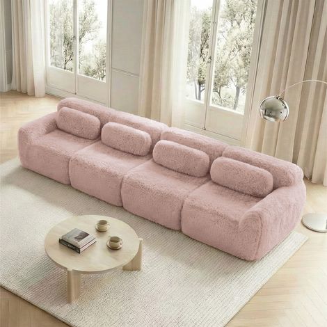 Divano Modulare 4 Posti, Design Ergonomico con Ottomana Collegabile e Base Antiscivolo, Peluche, Rosa