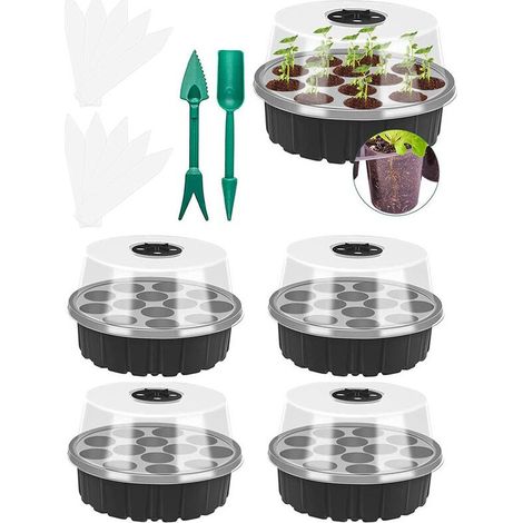 5 Pcs Bac à Semis Rond Mini Serre Potager Petite Serre pour Semis de 13 Cellules avec Outils de Plantation et Étiquettes de Plantes - Noir (1/5)