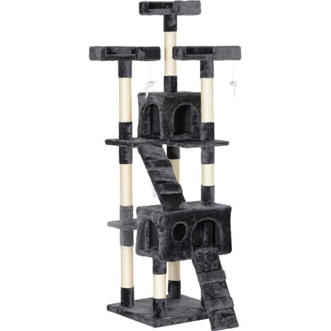 Árbol rascador para gatos multicapa con 2 casitas y escaleras gris 49x49x173 cm (1/5)