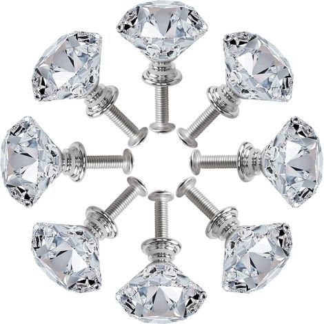 Juego de 8 pomos de cristal plateado para puertas de armarios, fabricados en aleación de zinc con corte de diamante y pomos de tornillo para armarios, roperos, cajones, cómodas y decoración del hogar. (1/5)