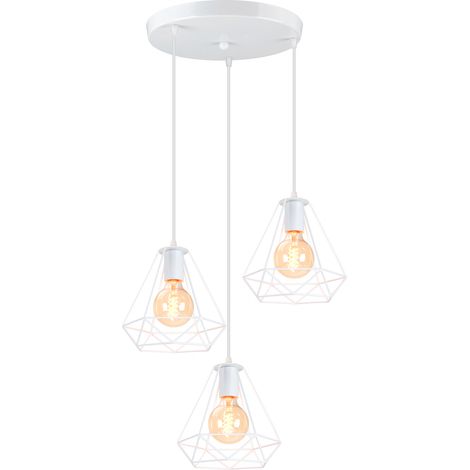 Lámpara Colgante, 3 Luces Lámparas de Techo con Ø20cm Jaula de Diamante, Vintage Iluminación de Metal para Dormitorio Comedor Entrada (Blanco) (1/5)