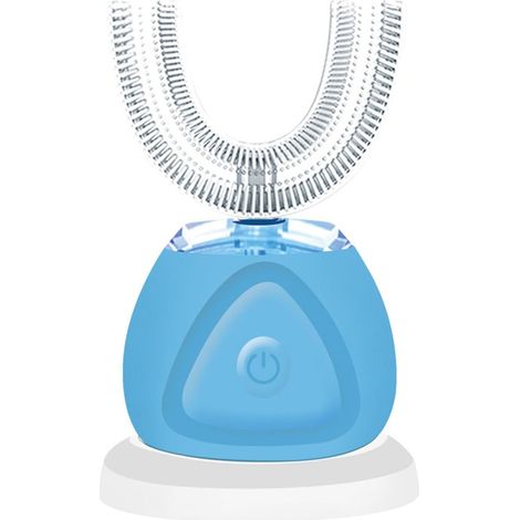 Brosse à dents électrique en forme de U, brosses à dents pour le nettoyage buccal, brosse à dents électrique automatique avec poils en forme de U, brosse à dents blanchissante en silicone (bleu clair) (1/5)