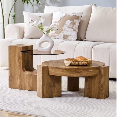 Set di 2 tavolini da caffè rotondi 61x61x30 cm marrone effetto legno in MDF e vetro con design separabile (1/5)