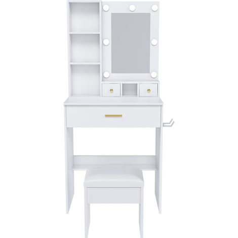Coiffeuse compacte blanche avec miroir, éclairage LED réglable, prise électrique, porte-sèche-cheveux et tabouret rembourré - L60 x H131,5 x P38 cm (1/5)