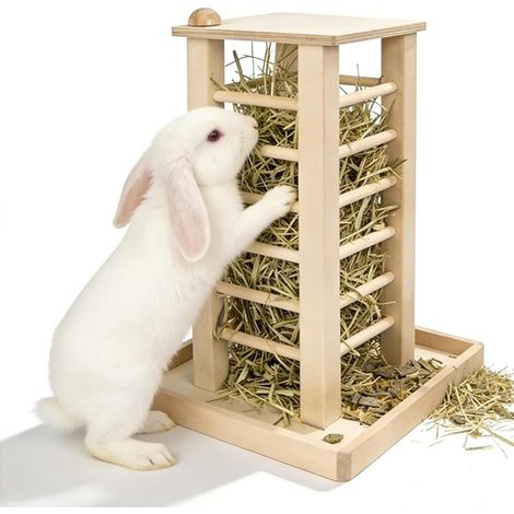 Wooden Hay Rack, Wooden Hay Feeder, 36.5 x 24.5 x 16.5 cm Hay Rack with Tray, Rabbit Hay Feeder for Chinchilla, Suitable for Guinea Pigs, Chinchillas, Hamsters, Rabbits