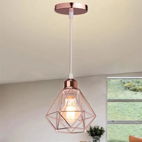 U-Do Lustre Suspension design Vintage Lampe Cage forme Diamant mini en Fer Or Rose E27 Plafonde Brillant pour Salon Cuisine (1/4)