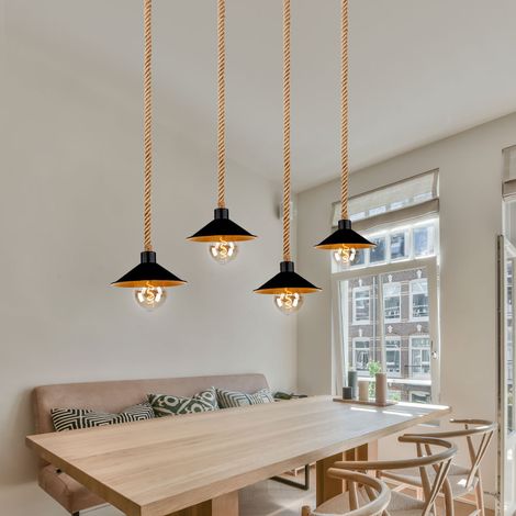 Hängeleuchte Pendellampe Hanfseil Seillampe Pendelleuchte gold schwarz Landhausstil Esszimmer Höhenverstellbar, Metall, 4x E27 Fassung, LxBxH 112,5x22x170 cm