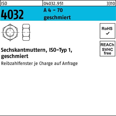 ISO 4032 Sechskantmuttern A 4-70 M 10 geschmiert A 4 S 250 Stk