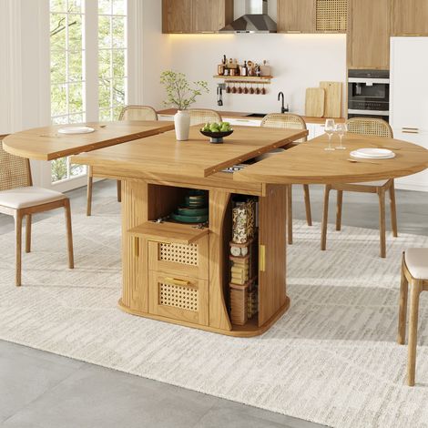 Mesa extensible con almacenaje 118-158 x 118 cm, cajones efecto ratán OKMYHOME (1/5)