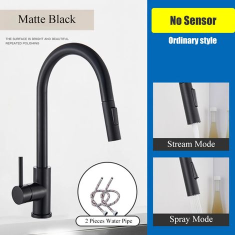 Robinet de cuisine double fonction (noir mat) en nickel brossé, mitigeur extractible, eau chaude/froide, robinet de lavabo à poignée unique, montage sur plage (1/5)