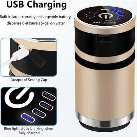 Distributeur de bouteille d'eau universel avec pompe à eau, distributeur d'eau électrique, rechargeable par USB, doré. (1/5)