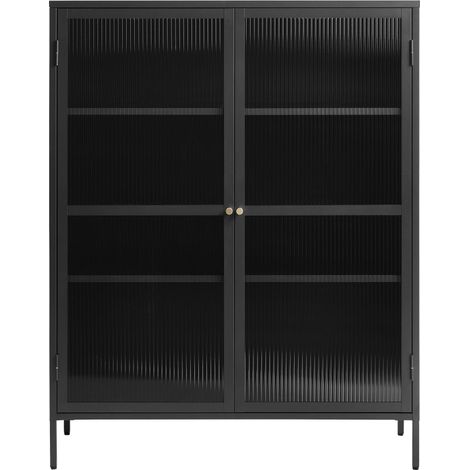 Vaisselier 2 portes en verre strié et métal H140cm - Noir - BJORN (1/5)