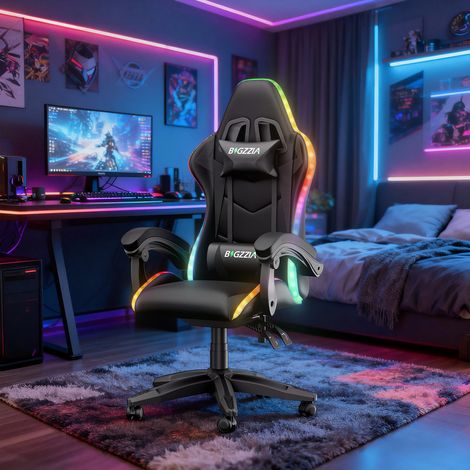 Ergonomic PU Leather Office Chair RGB LED RACING GAMING CHAIRwith Headrest and Lumbar Support Black