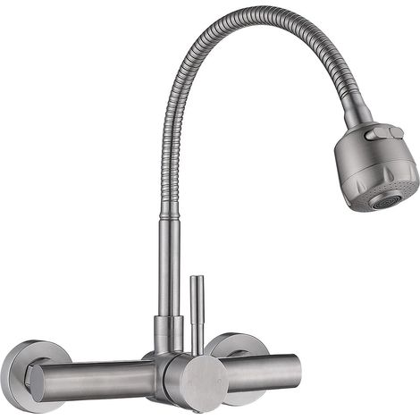 Robinet mural avec flexible et douchette à double fonction, en acier inoxydable 304, pouvant pivoter librement. (1/4)