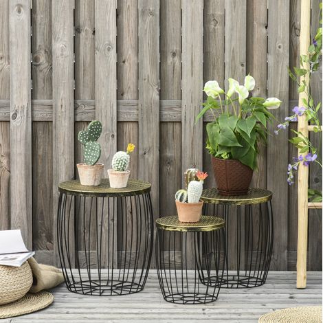 Tavolini da giardino set da 3 in metallo nero, rotondi, impilabili, stile industriale con piano effetto rattan (1/5)