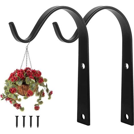 Wandmontierte Pflanzenhaken aus Schmiedeeisen, Pflanzenstützen für Balkon und Garten, Metallhaken mit Schrauben, Außendekoration für Garten und Balkon – Schwarz (1/4)