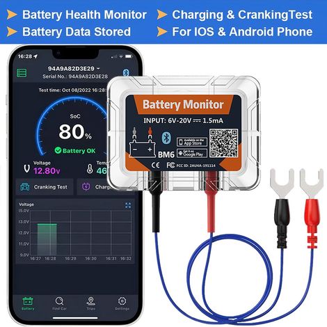 12V Car Battery Tester Bluetooth Car Battery Monitor Automatic Battery Charge Tester with Crank Charge Test Voltage History Meter (1/4)