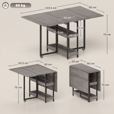 Table pliante (avec 2 rallonges, 4 couverts, 2 étagères ouvertes), bois et métal, 133,4 x 80 x 75 cm, grise (1/5)
