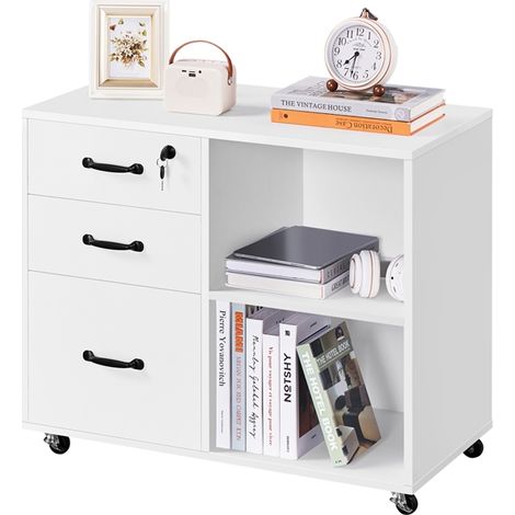 Yaheetech Mobile Archivio Documenti Ufficio Armadietto Archiviazione Mobiletto Portadocumenti Schedario con Cassetti e Scomparti Aperti Mobile con Ruote 80 x 40 x 66 cm Bianco