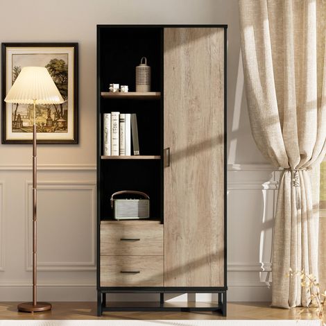 Armoire haute moderne 80 x 40 x 180 cm – aspect bois avec structure noire, avec porte, 2 tiroirs et 3 compartiments ouverts – espace de rangement polyvalent pour salon, bureau et entrée. (1/5)