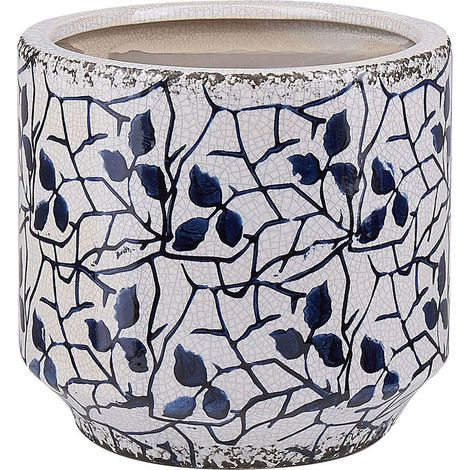 Vase Décoratif à Fleurs Cache-pot en Céramique Blanc et Bleu Marine 15 cm de Hauteur Motif Feuilles Accessoire Tendance pour Salon ou Chambre Beliani